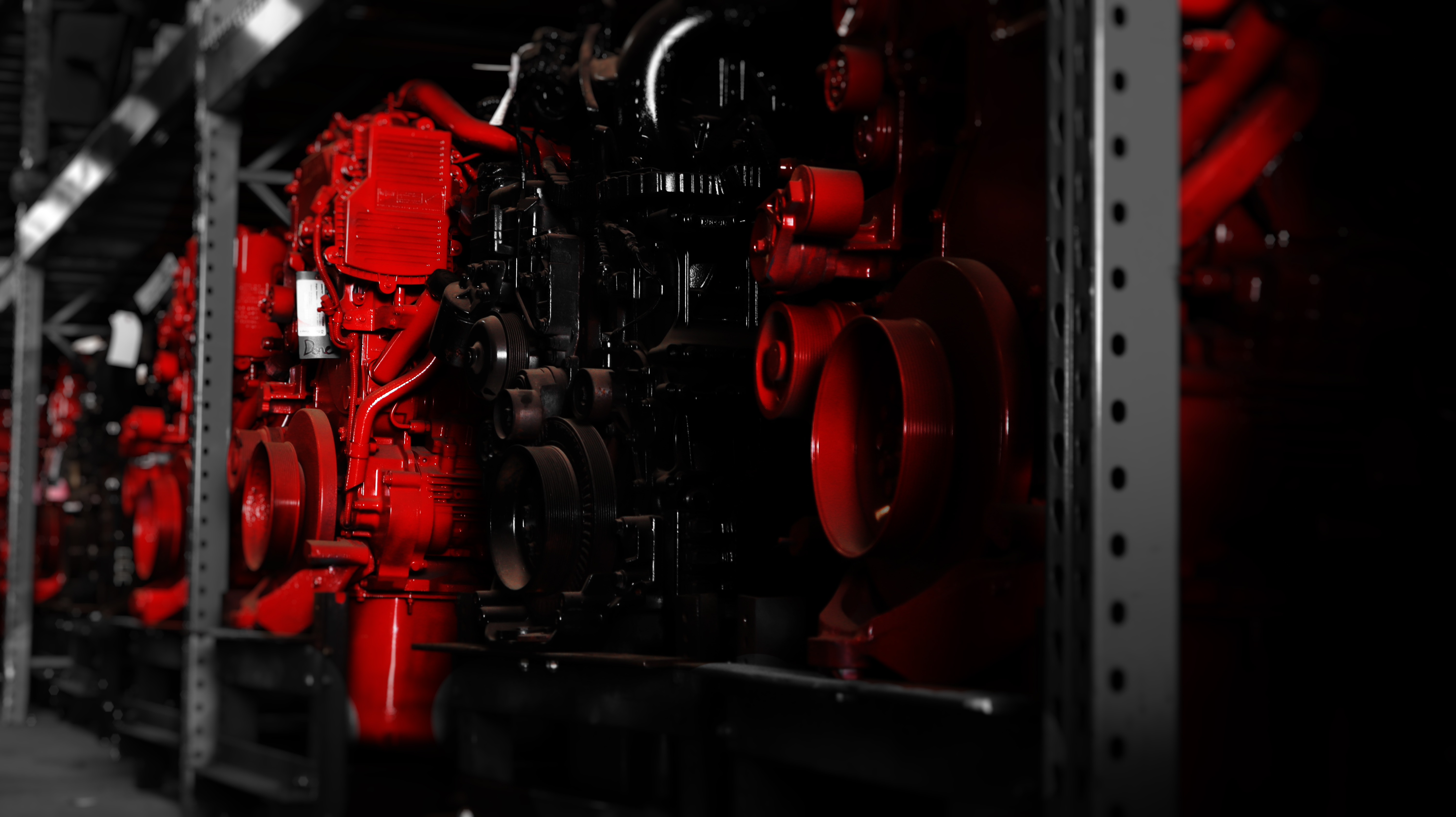 Rebuilt diesel engines on pallets in the warehouse