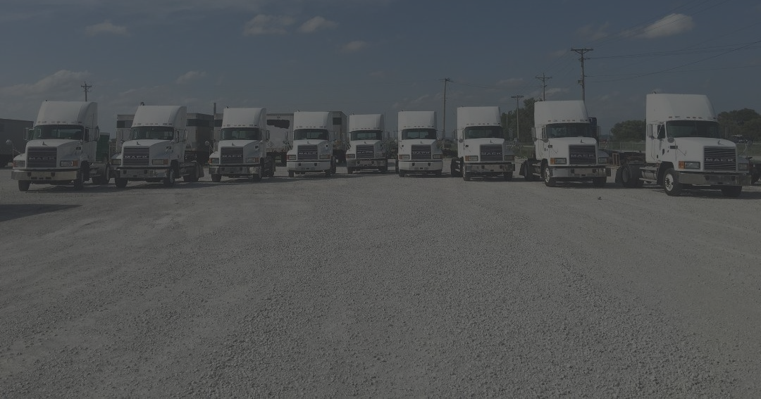 Row of heavy-duty trucks parked at dusk